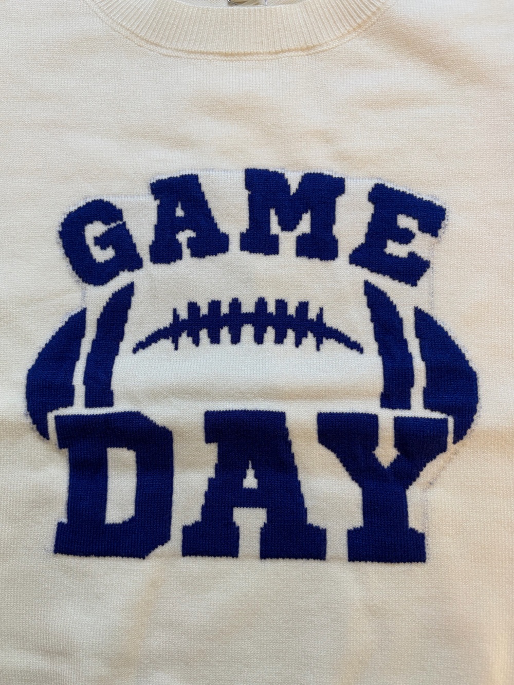 NWT She+Sky Flutter Sleeve Cream & Blue Game Day Football Soft Sweater Small - Picture 3 of 8
